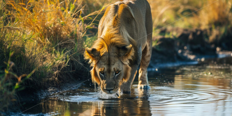 A lion drinking water from a river - Starpik Stock