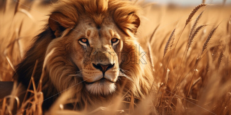 A lion on a plain with dry grass - Starpik Stock