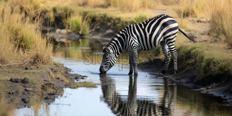 A zebra drinking water from the river - Starpik Stock