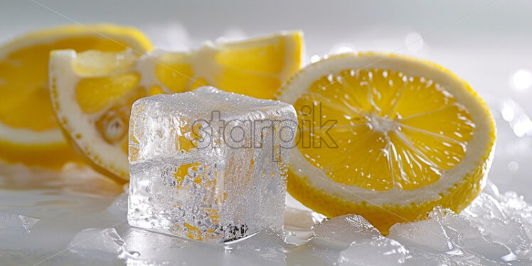 Advertising photo with ice cubes, frozen lemon slices, on a white background - Starpik Stock