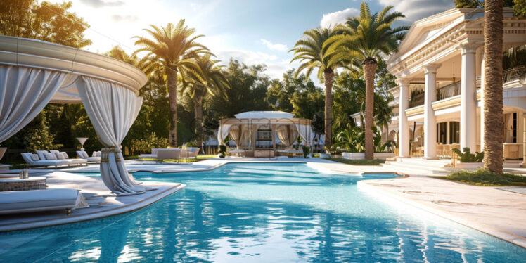 An extravagant pool party at a luxurious mansion, complete with VIP cabanas and a DJ booth - Starpik Stock