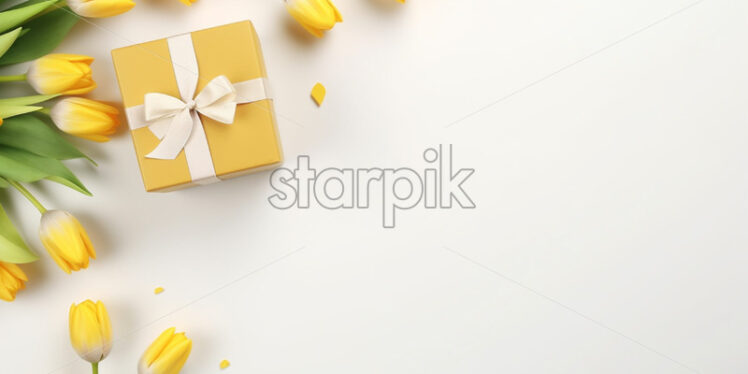 Banner with gift box and spring flowers on isolated white background - Starpik Stock