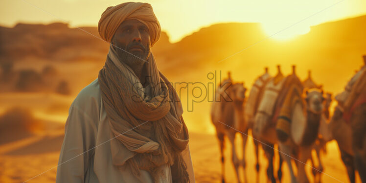 Bedouin nomad with camels at sunset - Starpik Stock