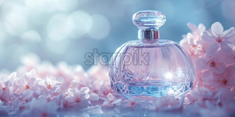 Blank perfume bottle, fresh water, spring vibes on background - Starpik Stock