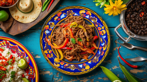 Cuban Ropa Vieja on a colorful plate - Starpik Stock