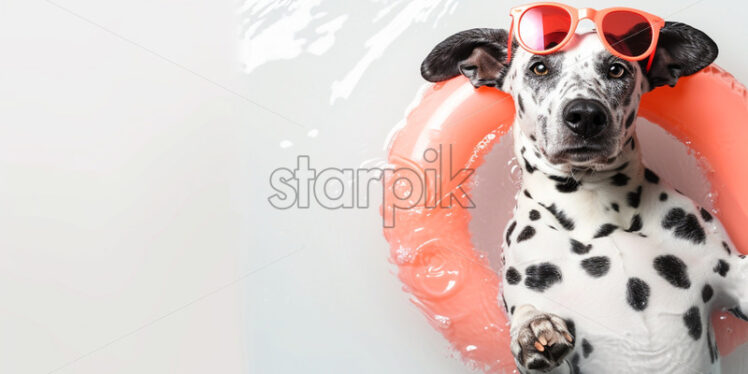 Cute dalmatian dog wearing neon sunglasses and an swimming circle on a white background - Starpik Stock