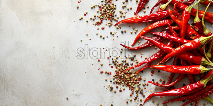 Dried chili peppers and cumin seeds on a white stone surface - Starpik Stock