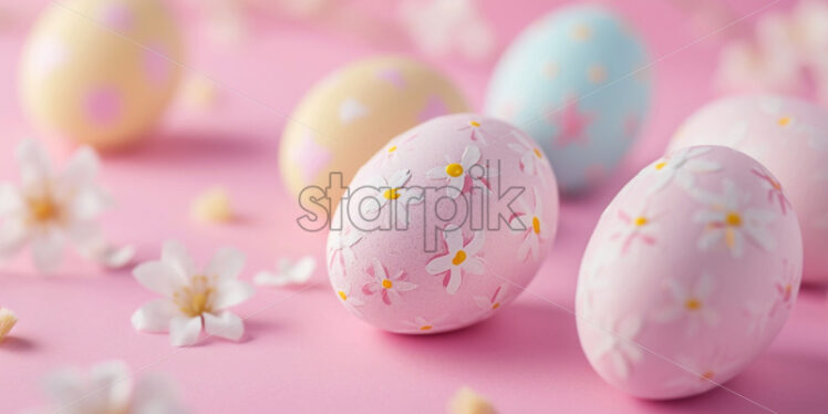  Easter postcard with painted pastel eggs on a pink background - Starpik Stock