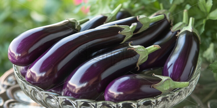 Eggplant in a glass bowl on the table - Starpik Stock