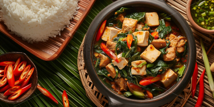 Elegantly plated Filipino tofu and pork with vegetables and rice. - Starpik Stock