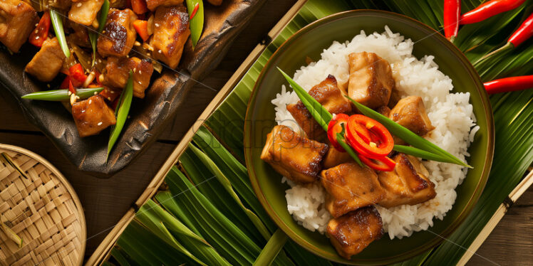 Filipino tofu and pork and rice in a bowl on a bamboo table adorned with banana leaves, professionally captured in a culinary masterpiece of native-style plating - Starpik Stock