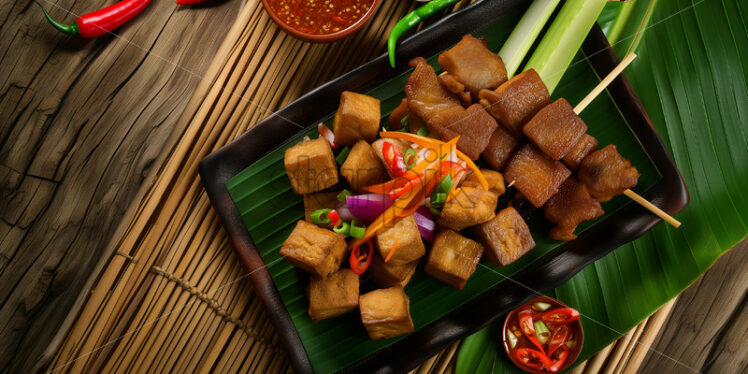  Filipino tofu and pork on a bamboo table adorned with banana leaves, professionally captured in a culinary masterpiece of native-style plating - Starpik Stock