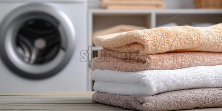 Freshly washed towels on the background of a washing machine - Starpik Stock
