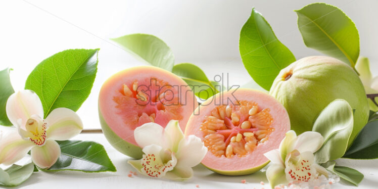 Guava and orchids, on isolate white background - Starpik Stock