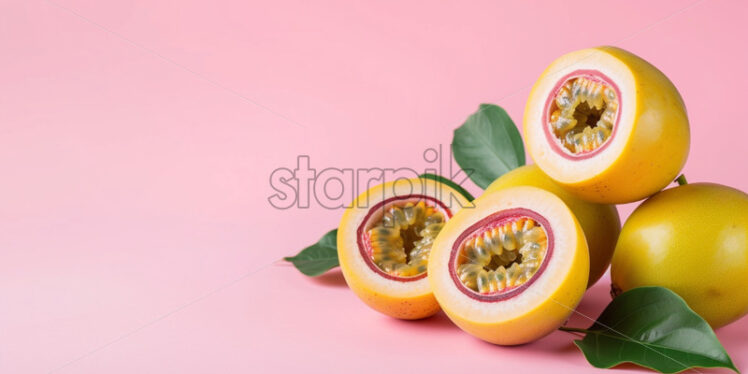 Guava and passion fruit, on isolate pink background - Starpik Stock