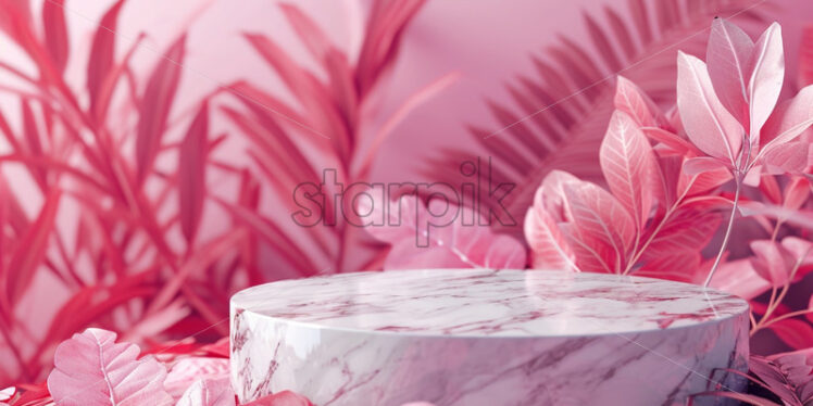 Marble podium with tropic leaves mock up background, product placement - Starpik Stock
