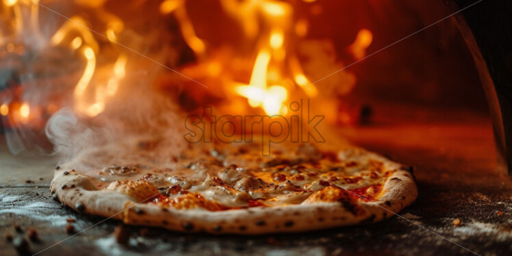 Pizza cooking on wooden fire, delicious dish - Starpik Stock