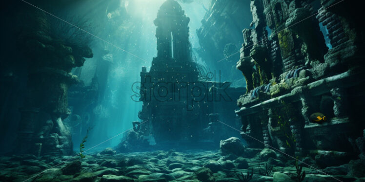 Realistic photo underwater lost city.Ancient ruins - Starpik Stock