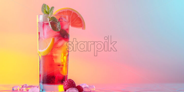 Sale banner with cold summer cocktail on pastel background - Starpik Stock