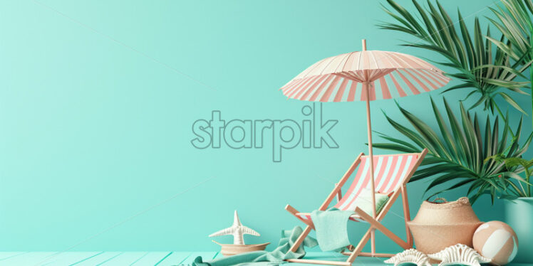 Sale banner with deck chair with umbrella and beach accessories on pastel background - Starpik Stock