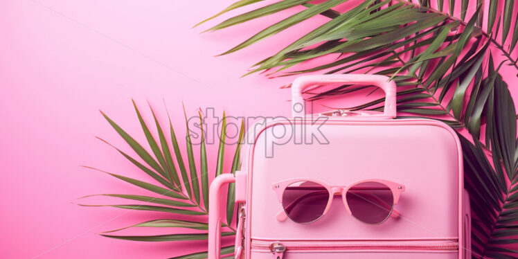 Sale banner with suitcase, sunglasses and palm leaves on pink background - Starpik Stock