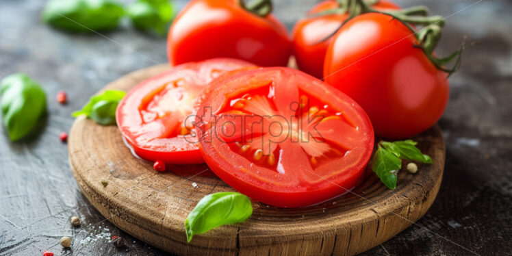 Sliced ​​tomatoes on a wooden bottom - Starpik Stock