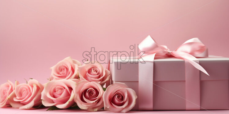 Stylish pink gift box and pink roses on isolated pink background - Starpik Stock