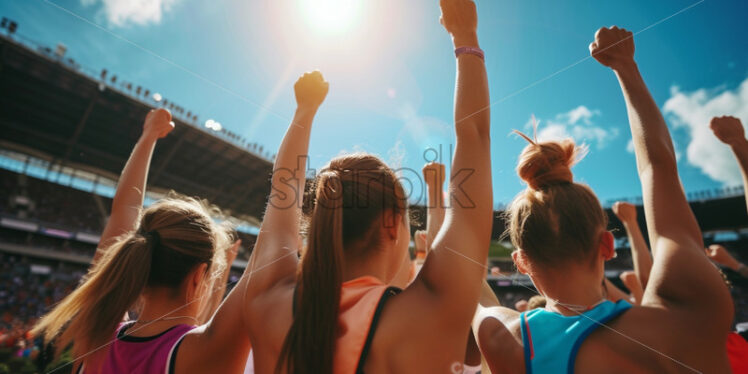 Supporters on a stadium with hands up, during the game competitions, winning team - Starpik Stock