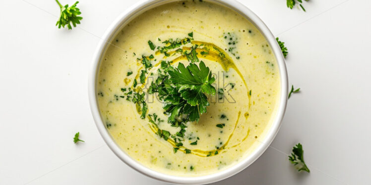 The creamy broccoli soup in white bowl, topped with a generous sprinkle of fresh parsley, on white background, - Starpik Stock