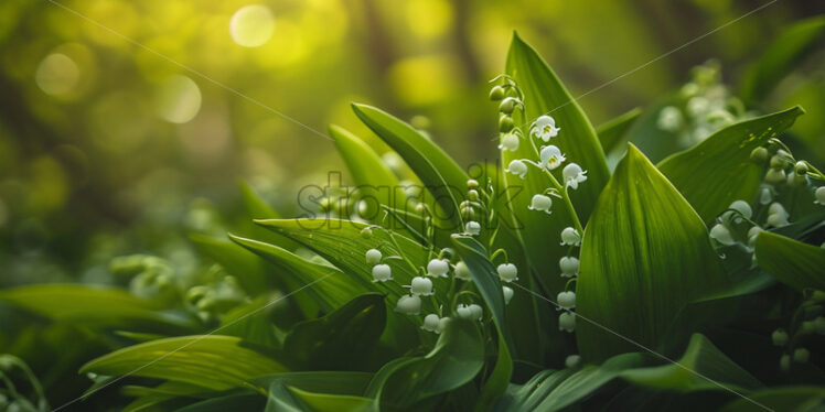 The intricate patterns of lily-of-the-valley hiding beneath lush foliage - Starpik Stock