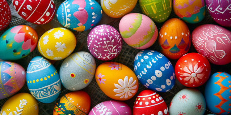 Traditional colored eggs on a table, pattern - Starpik Stock