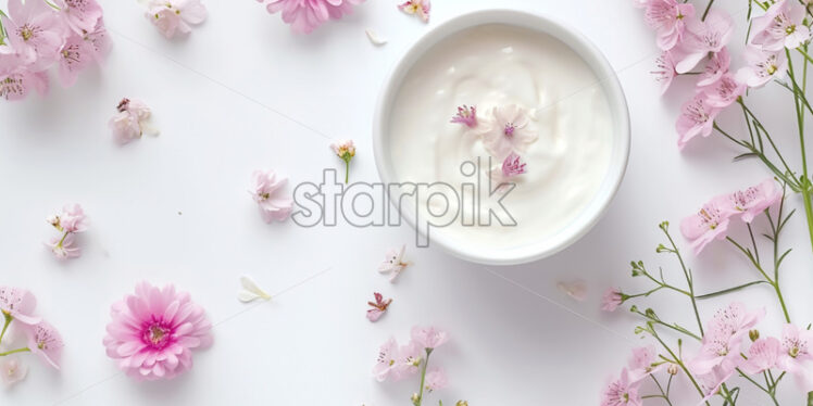 White bowl of yogurt with pastel flowers on a white background - Starpik Stock