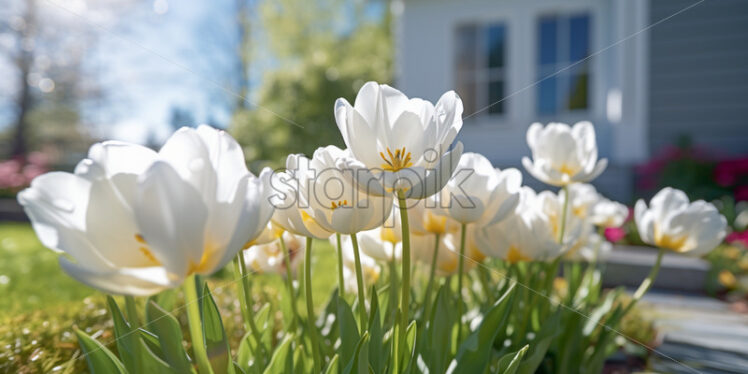 White tulips in front of a modern high-tech house - Starpik Stock