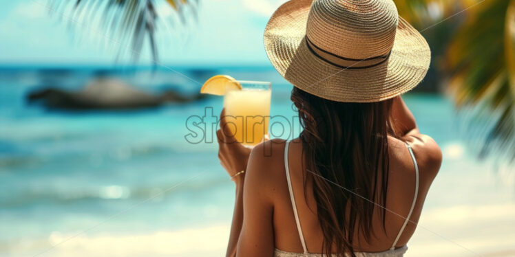 Woman enjoying a cocktail on a tropical island - Starpik Stock
