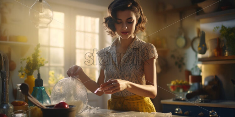 Woman preparing dinner in the kitchen retro 50s style - Starpik Stock
