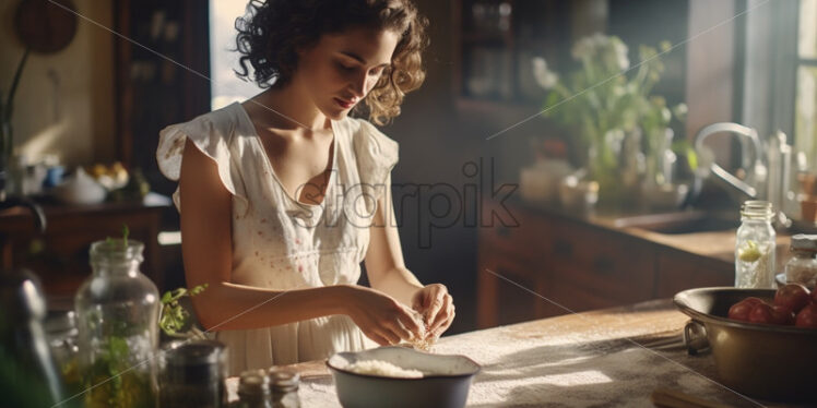 Woman preparing dinner in the kitchen retro style - Starpik Stock