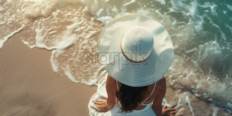 Woman relaxing on a beach, travel tropic banner - Starpik Stock