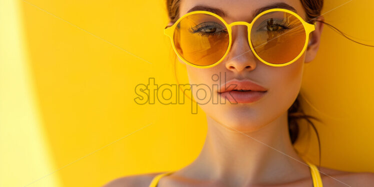 Woman wearing yellow swimming suit  and  a rounded yellow sunglasses - Starpik Stock