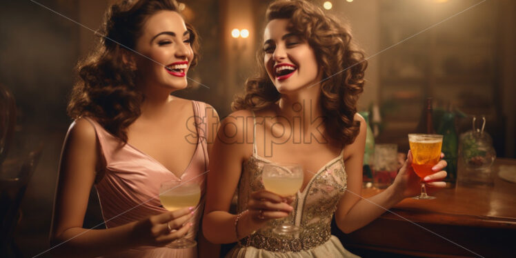 Women at a party with champagne retro style 50s fashion - Starpik Stock
