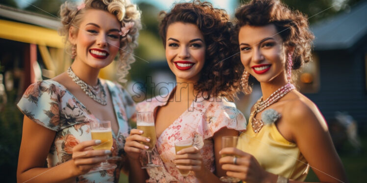 Women at a party with champagne retro style 50s fashion - Starpik Stock