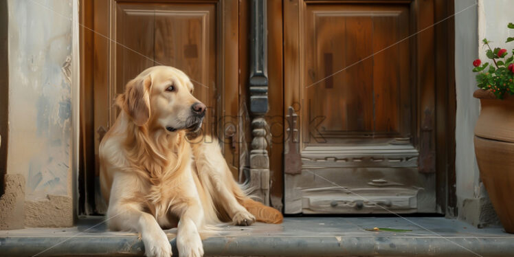 A dog standing on the threshold of a house - Starpik Stock