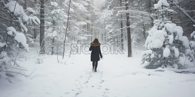 A person walks through a forest in winter - Starpik Stock