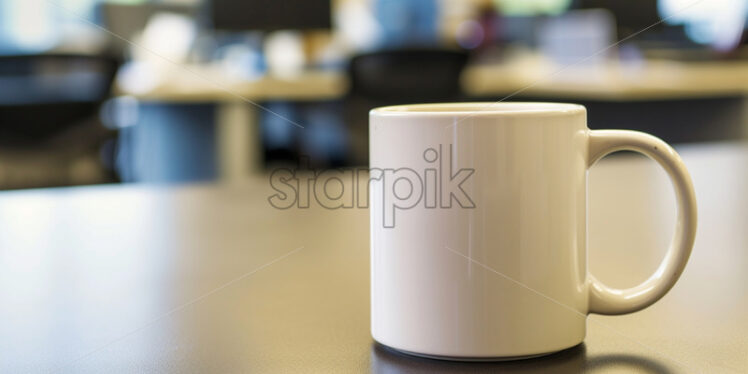 A white cup of coffee on the background of an office - Starpik Stock
