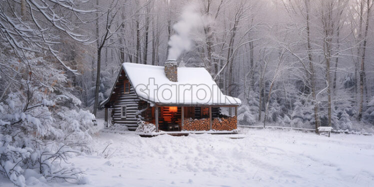 A wooden house in the forest in winter with smoke coming out of the chimney - Starpik Stock