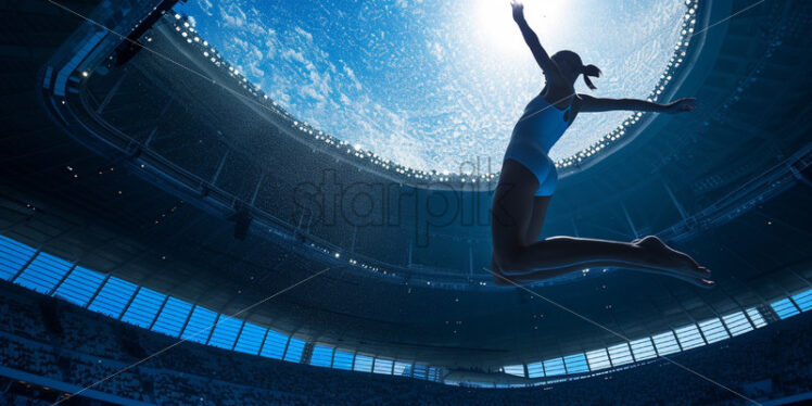 Olimpic stadium graceful gymnast mid-routine - Starpik Stock