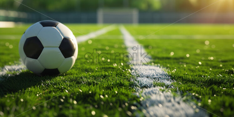 Soccer field on background and soccer ball on the left side - Starpik Stock