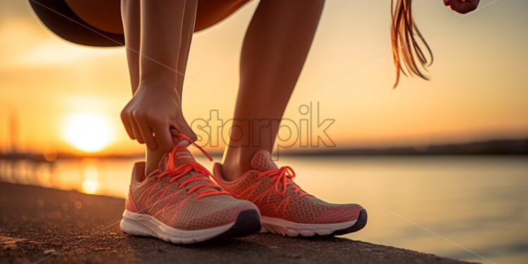 Woman in sneakers at sunset practicing sport - Starpik Stock
