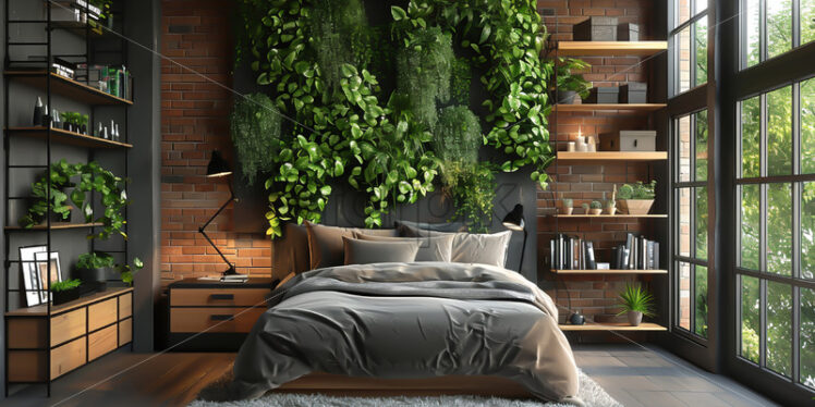 The design of a bedroom in which the color black predominates, and many plants - Starpik Stock