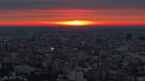 Aerial drone view of Bucharest cityscape at the sunset, Romania - Starpik Stock