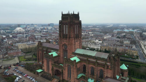 Aerial view of the Liverpool Cathedral with the city on the background Liverpool, England - Starpik Stock